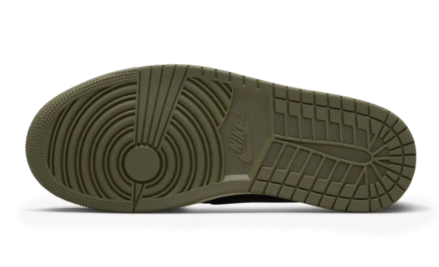 Jordan 1 Low Travis Scott Olive en tonos crema, negro y oliva con Swoosh invertido