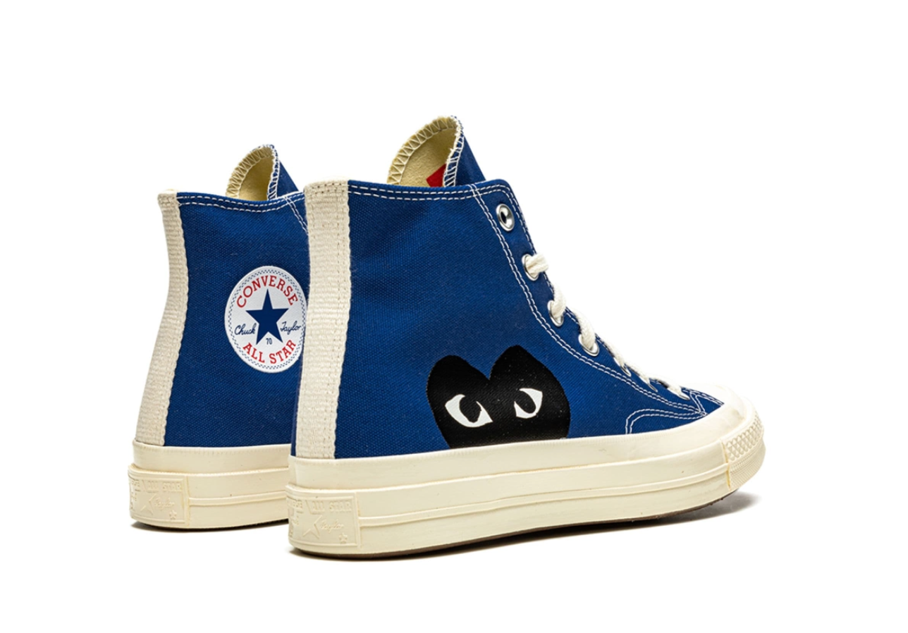 Converse Chuck 70 CDG Azul México – bota unisex azul con logotipo de corazón negro y suela color crema