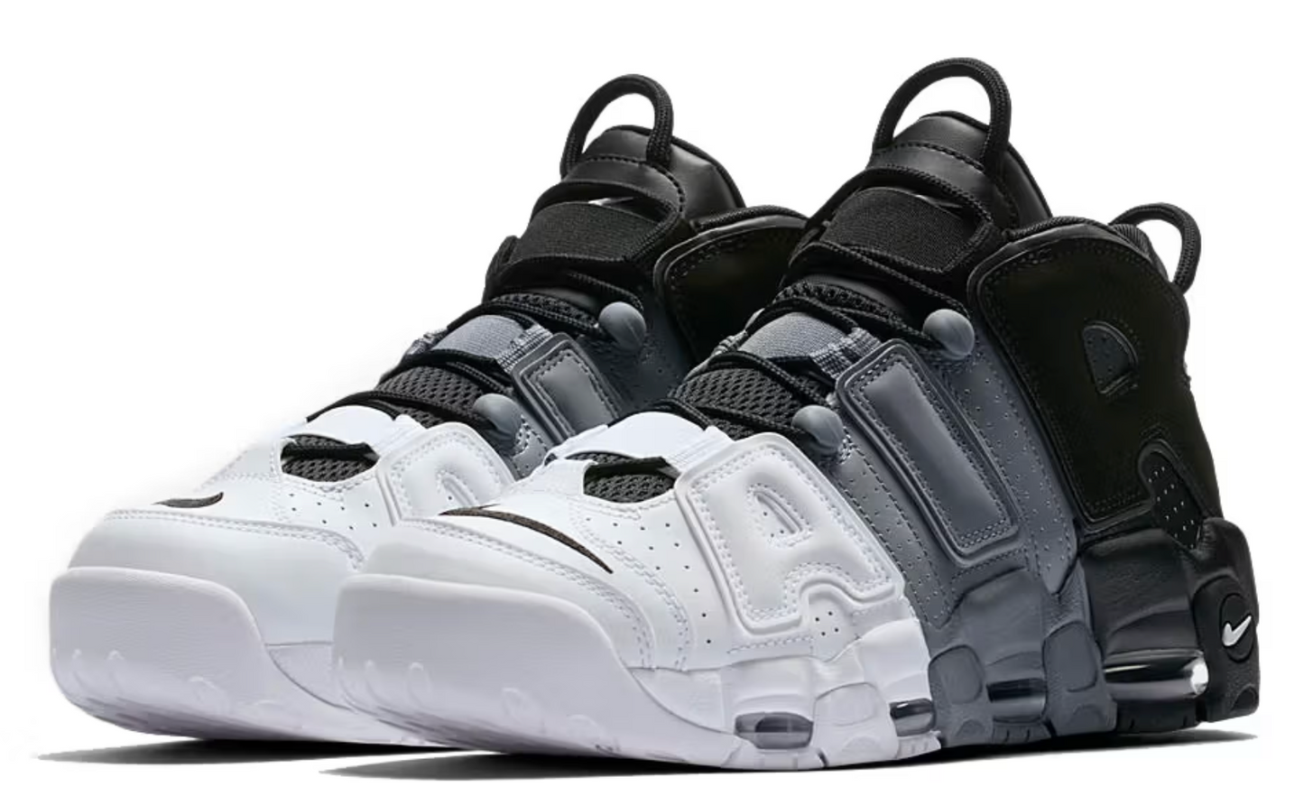 Tenis Nike Air More Uptempo Tricolor negro gris blanco con logo AIR grande