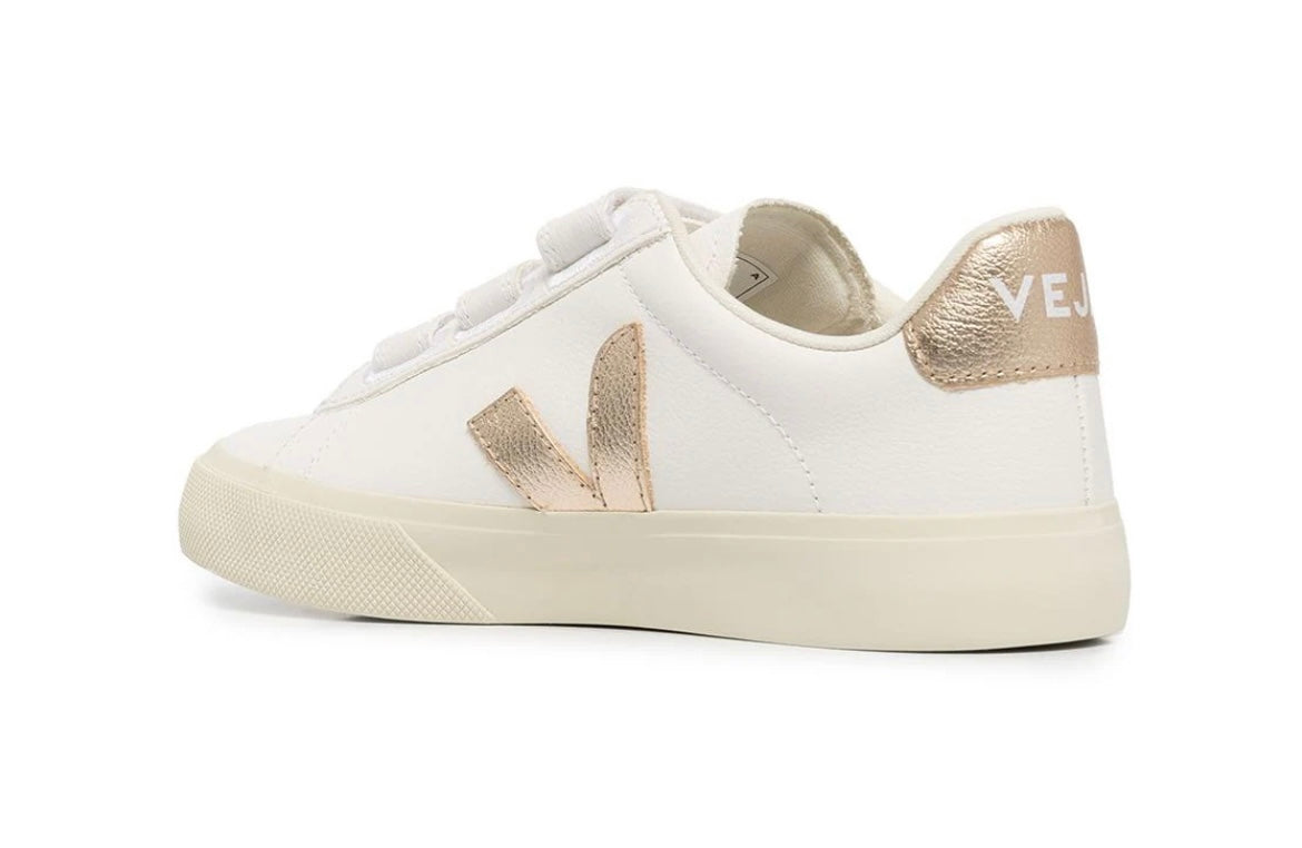 Veja Recife oro rosado mujer – tenis blancos ecológicos con velcro y detalles metálicos dorado rosado