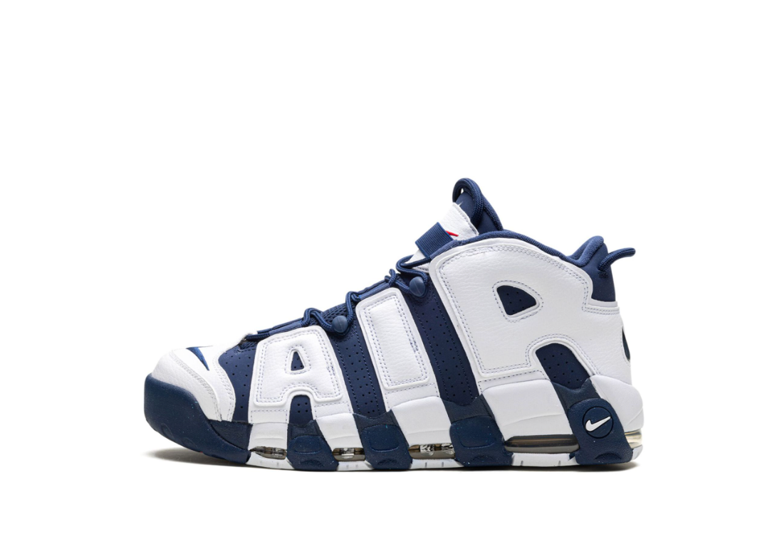 Tenis Nike Air More Uptempo Olympic azul blanco con logo AIR y número 8 dorado