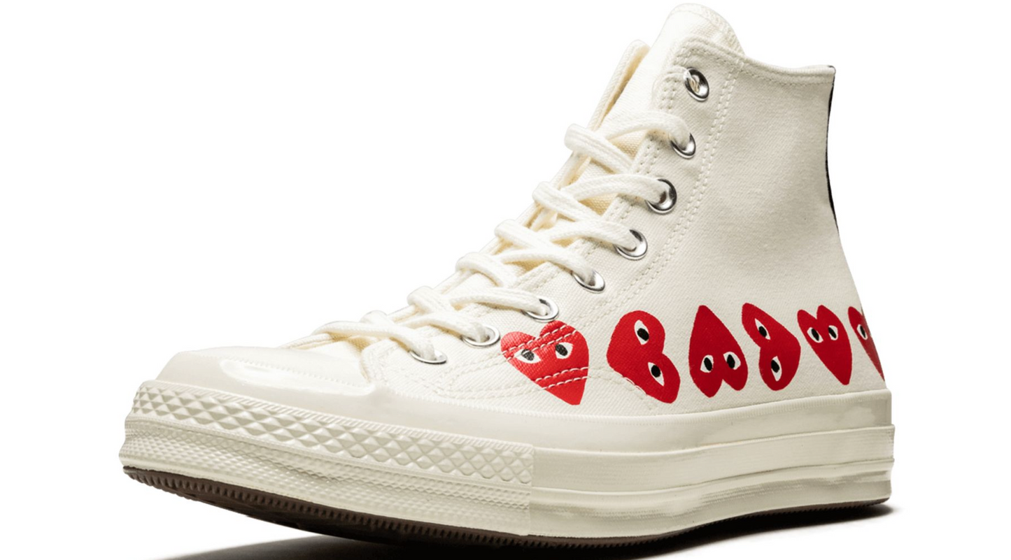 Converse Chuck 70 CDG Beige Corazones México – bota unisex de lona beige con corazones rojos y suela color crema