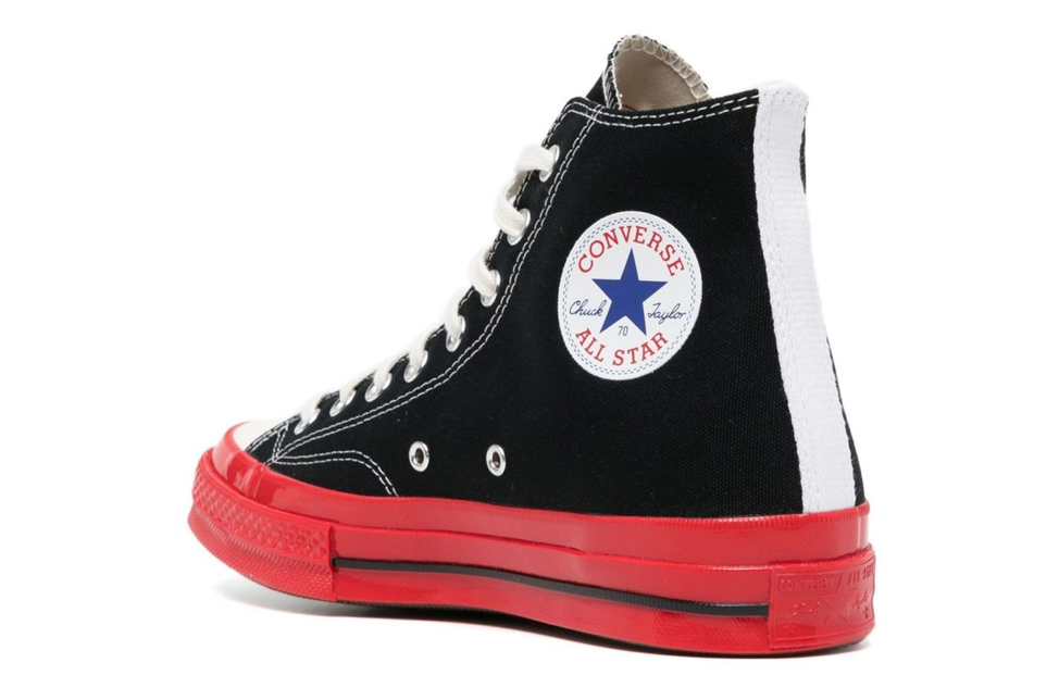 Converse Chuck 70 CDG Negro Suela Roja México – tenis unisex de lona negra con suela roja brillante y logotipo de corazón rojo