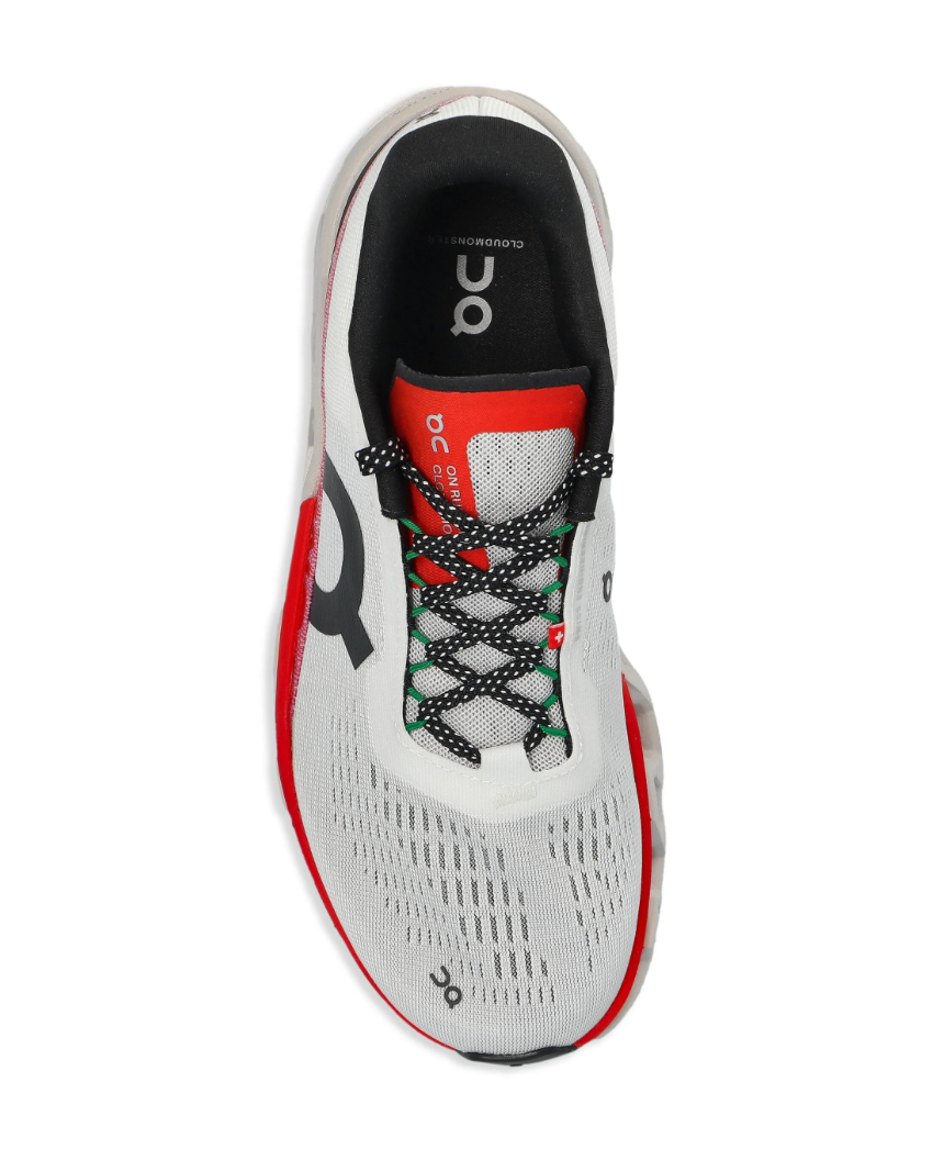 On Cloudmonster 2 Blanco Rojo vista superior.