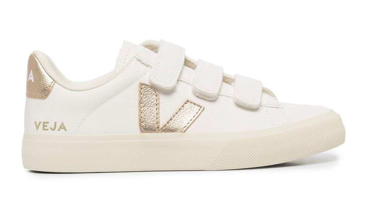 Veja Recife oro rosado mujer – tenis blancos ecológicos con velcro y detalles metálicos dorado rosado