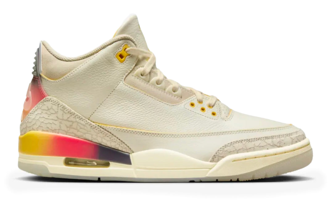 Jordan 3 J Balvin Medellín Sunset crema con degradado sunset e inserciones iridiscentes México