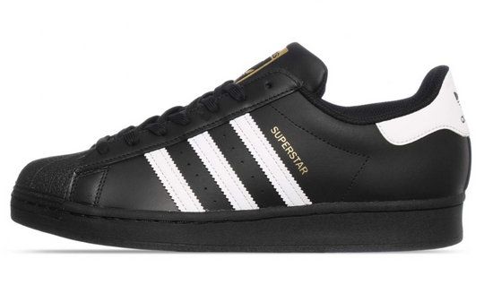 Tenis Adidas Superstar Negro con franjas blancas vista lateral
