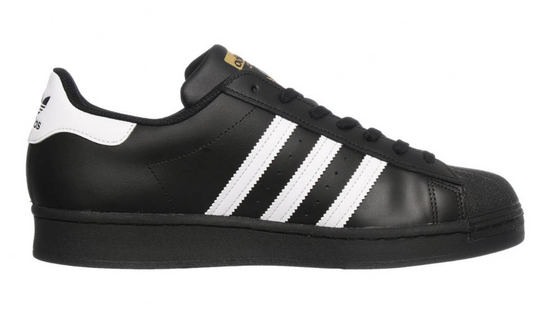 Tenis Adidas Superstar Negro con franjas blancas vista lateral