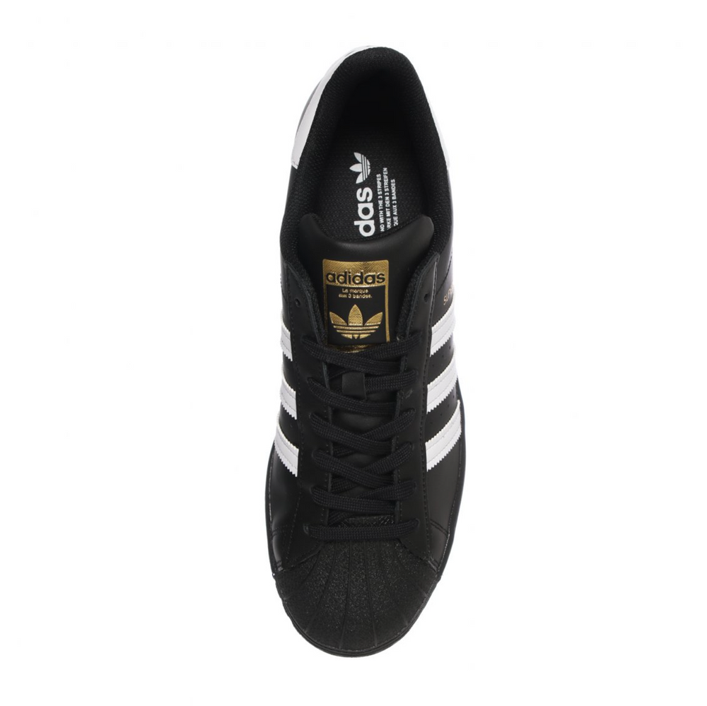 Tenis Adidas Superstar Negro con franjas blancas vista lateral