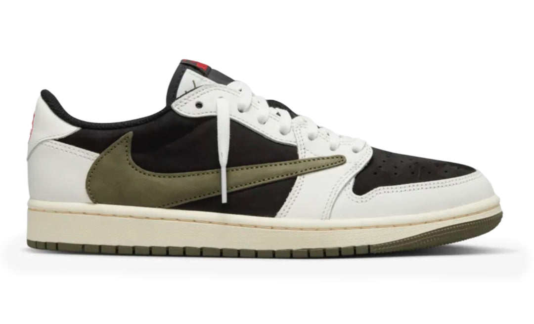 Jordan 1 Low Travis Scott Olive en tonos crema, negro y oliva con Swoosh invertido