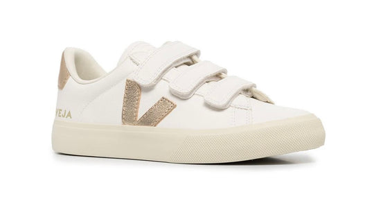 Veja Recife oro rosado mujer – tenis blancos ecológicos con velcro y detalles metálicos dorado rosado