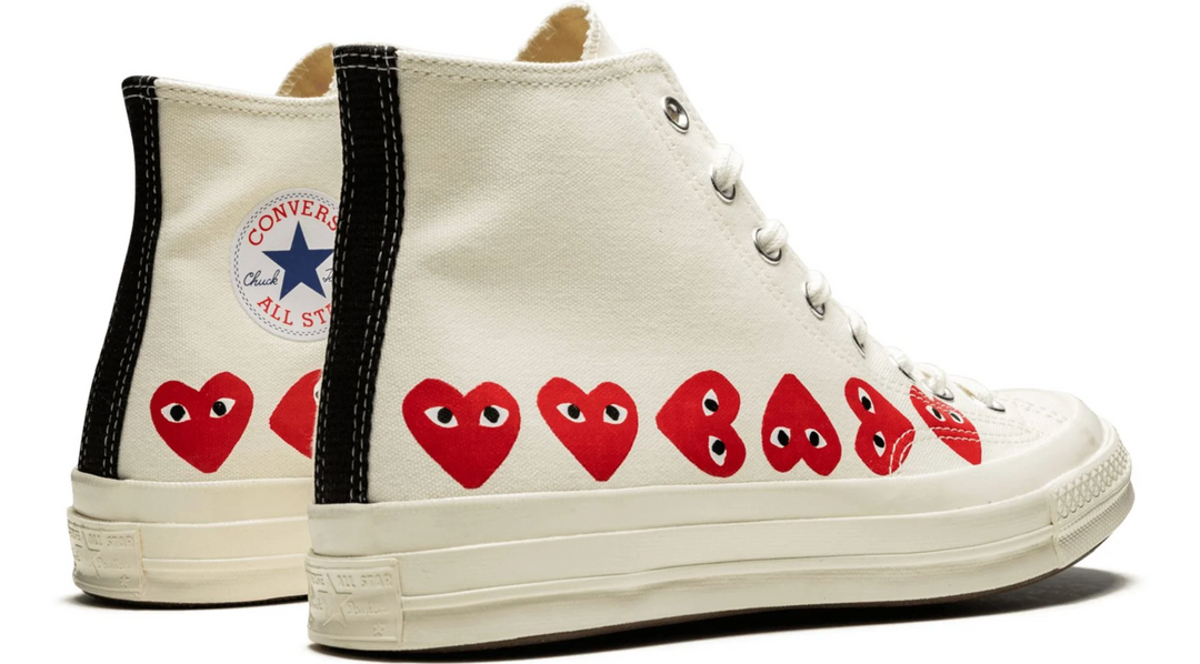 Converse Chuck 70 CDG Beige Corazones México – bota unisex de lona beige con corazones rojos y suela color crema