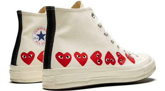 Converse Chuck 70 CDG Beige Corazones México – bota unisex de lona beige con corazones rojos y suela color crema