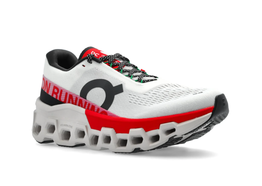 On Cloudmonster 2 Blanco Rojo vista lateral.
