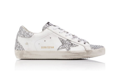 Golden Goose Superstar Style Glitter – Blanco con Estrella Plata y Talón Brillante