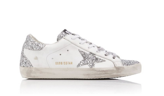 Golden Goose Superstar Style Glitter – Blanco con Estrella Plata y Talón Brillante