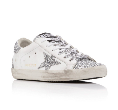 Golden Goose Superstar Style Glitter – Blanco con Estrella Plata y Talón Brillante