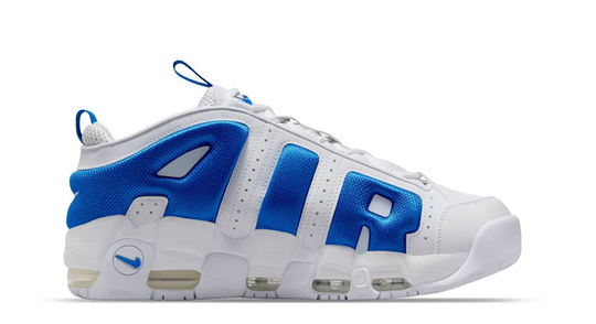 Tenis Nike Air More Uptempo Blanco Azul con logo AIR azul royal y suela blanca
