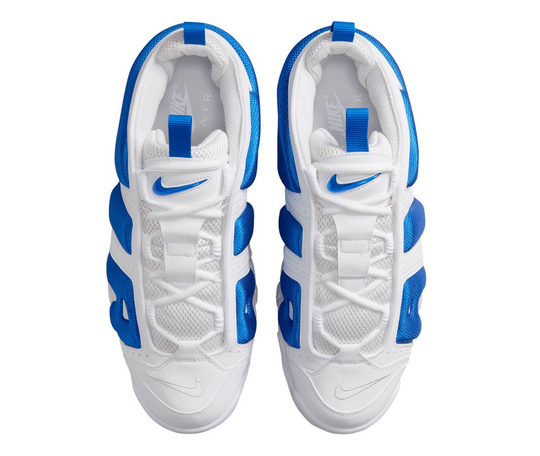 Tenis Nike Air More Uptempo Blanco Azul con logo AIR azul royal y suela blanca