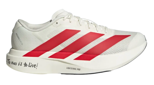 Tenis Adidas Adizero EVO SL blanco con rojo, ultraligeros de running.