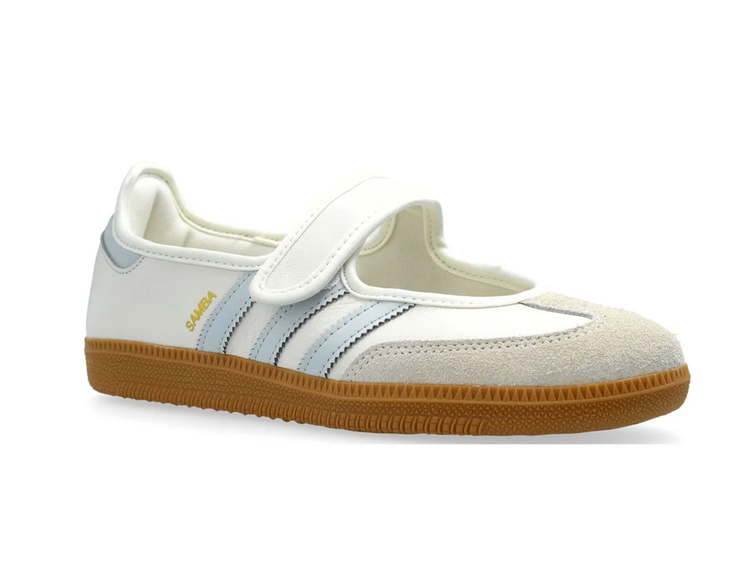 Adidas Samba Jane Blanco Franjas Azul Cielo Mujer – suela café clásica