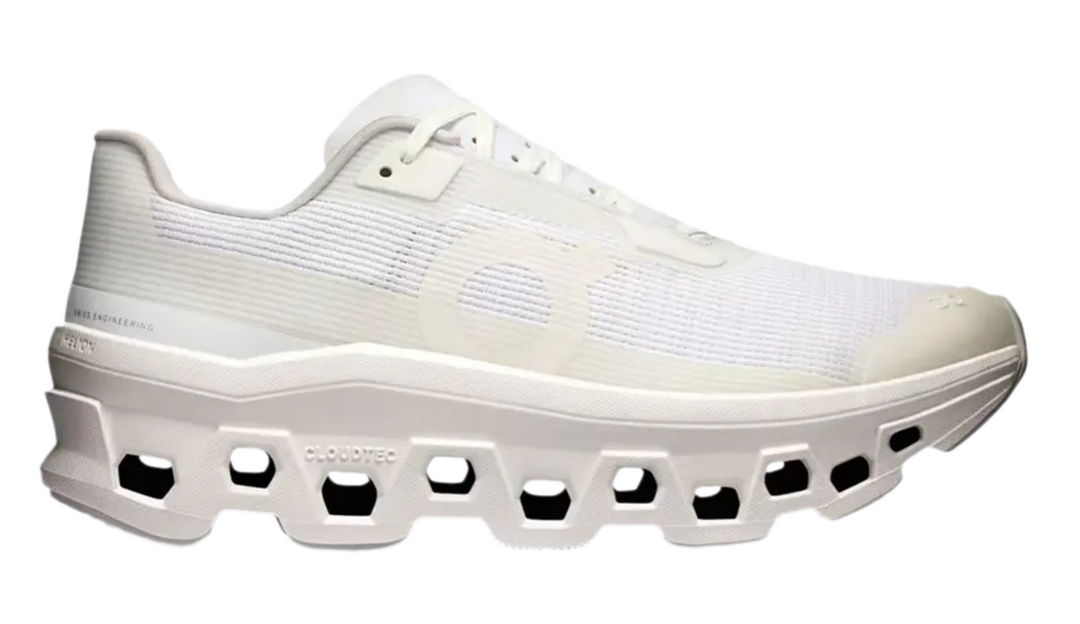 Tenis On Cloudmonster 2 Blanco Natural Unisex México vista lateral.