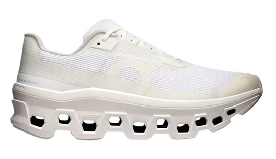 Tenis On Cloudmonster 2 Blanco Natural Unisex México vista lateral.