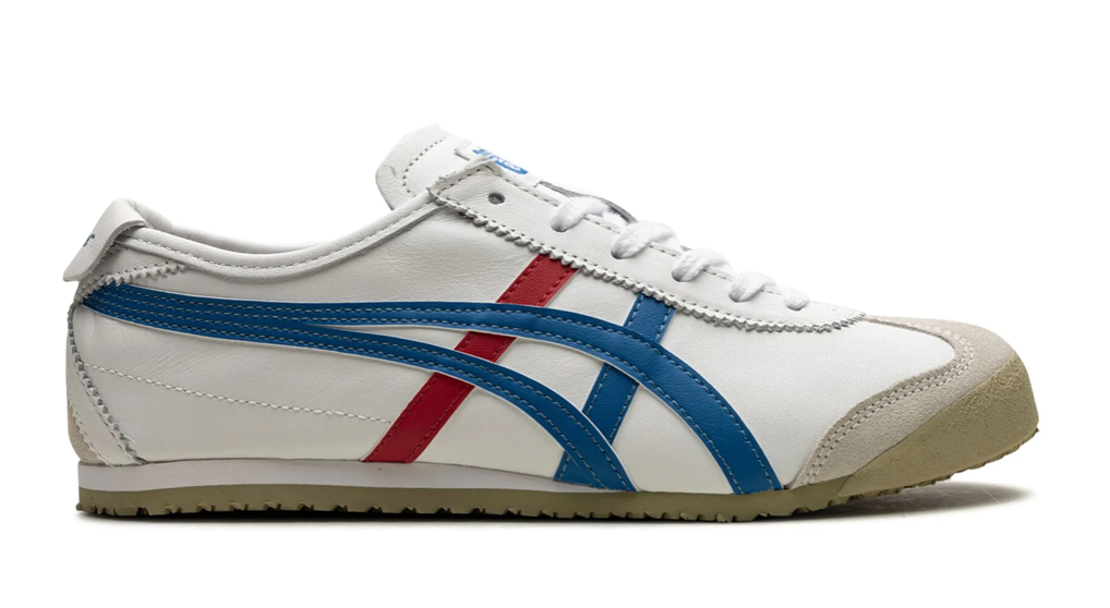 Tenis Onitsuka Tiger Mexico 66 Blanco Azul Rojo México vista lateral.