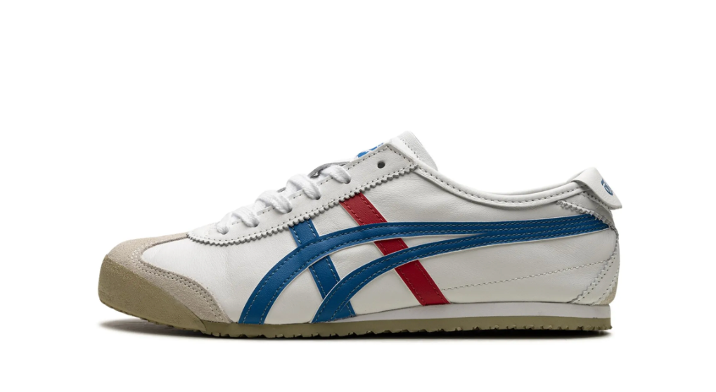 Tenis Onitsuka Tiger Mexico 66 Blanco Azul Rojo México vista lateral.