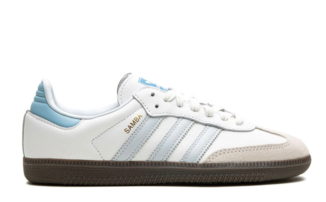 Tenis Adidas Samba OG Azul Blanco México vista lateral.