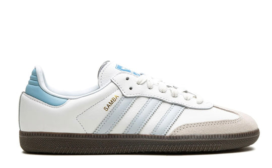 Tenis Adidas Samba OG Azul Blanco México vista lateral.
