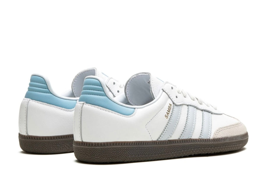 Tenis Adidas Samba OG Azul Blanco México vista lateral.