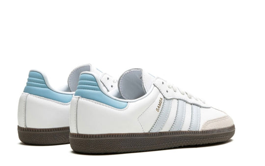 Tenis Adidas Samba OG Azul Blanco México vista lateral.