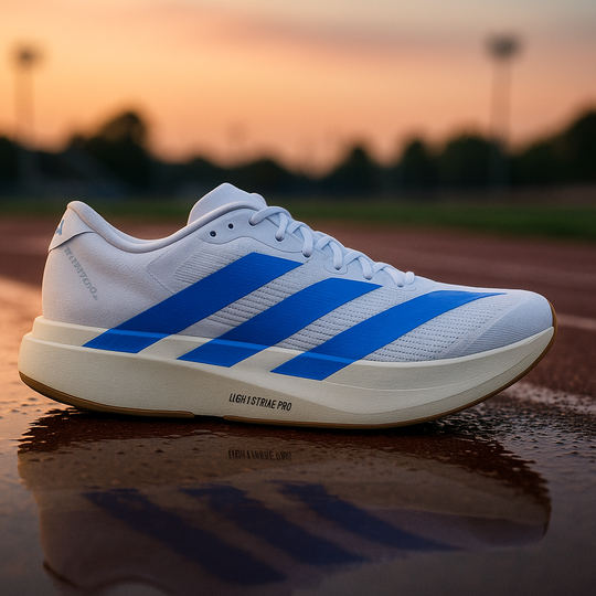 Adidas Adizero EVO SL Blanco Azul Unisex México – tenis ligeros de running con franjas azules y tecnología Lightstrike