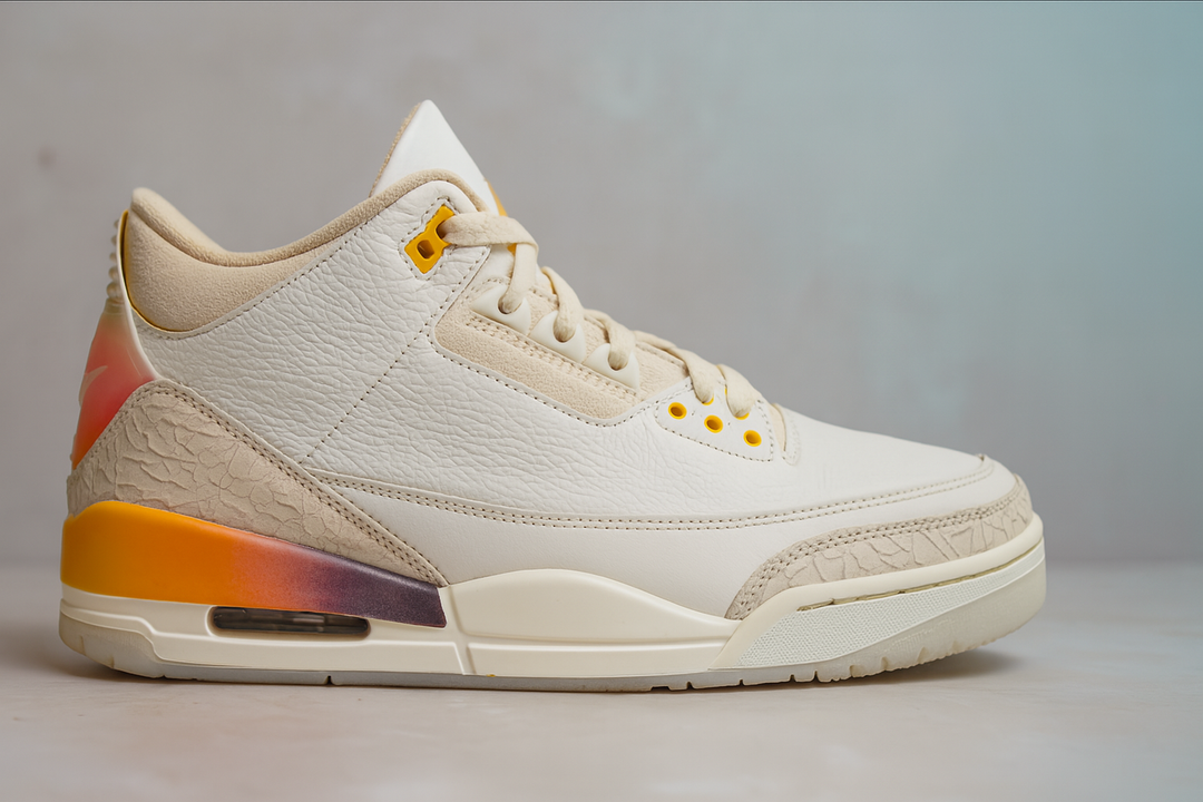 Jordan 3 J Balvin Medellín Sunset crema con degradado sunset e inserciones iridiscentes México