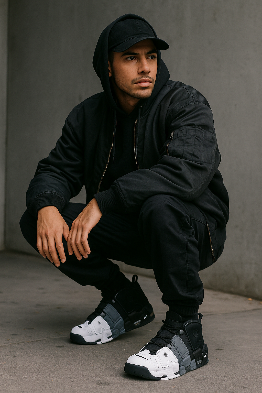 Tenis Nike Air More Uptempo Tricolor negro gris blanco con logo AIR grande