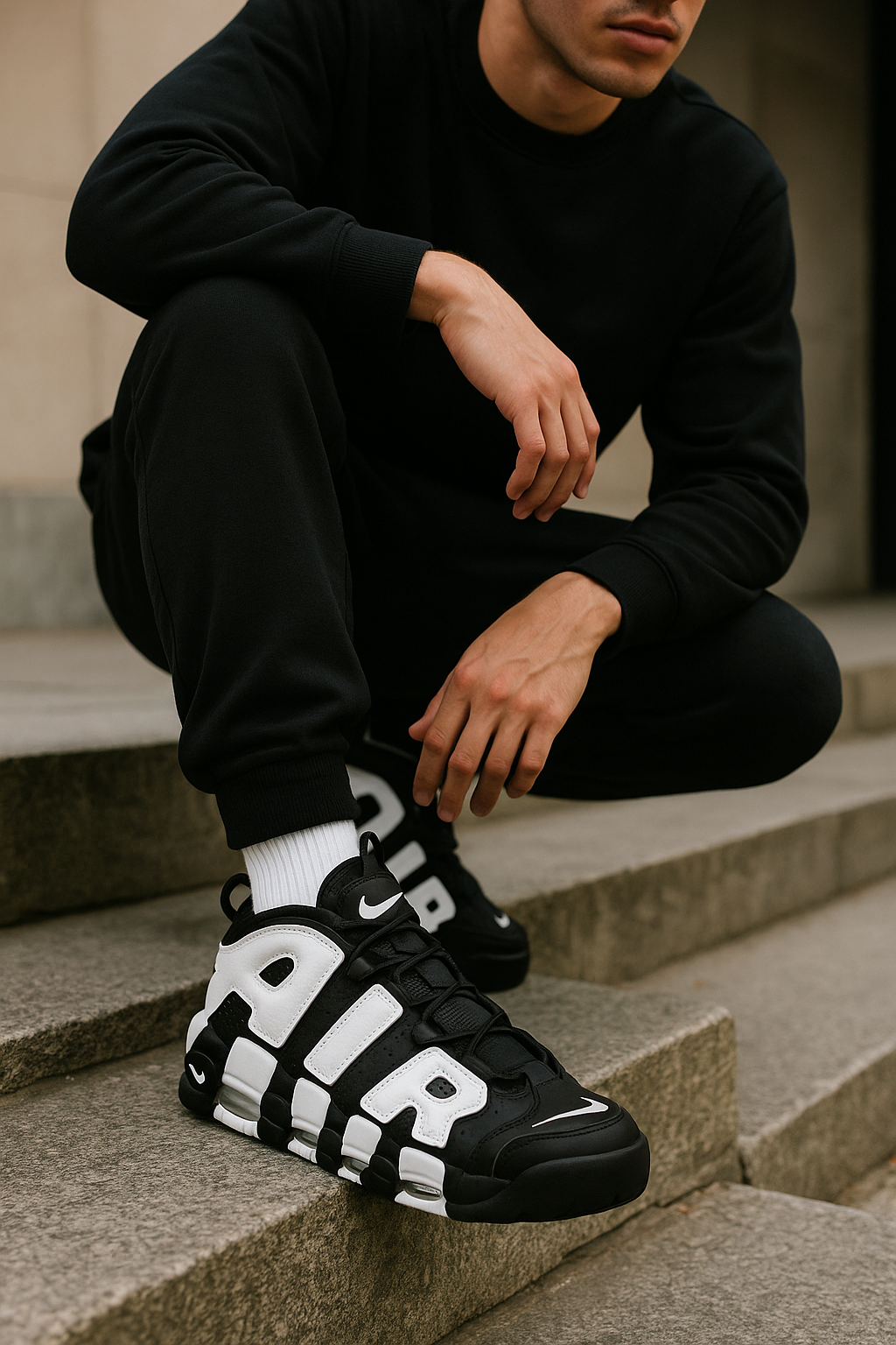 Tenis Nike Air More Uptempo Negro Blanco con logo AIR grande y suela visible