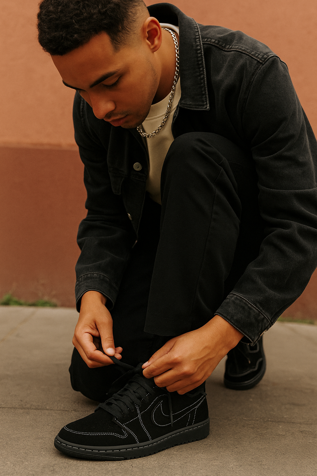 Jordan 1 Low Travis Scott Phantom en color negro con Swoosh invertido y costuras blancas